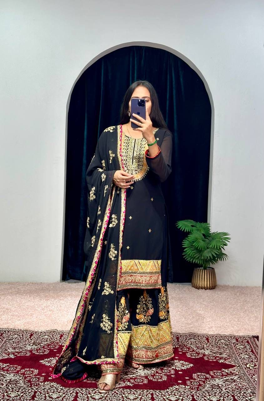 Mirror With Embroidery Work Black Color Sharara Suit