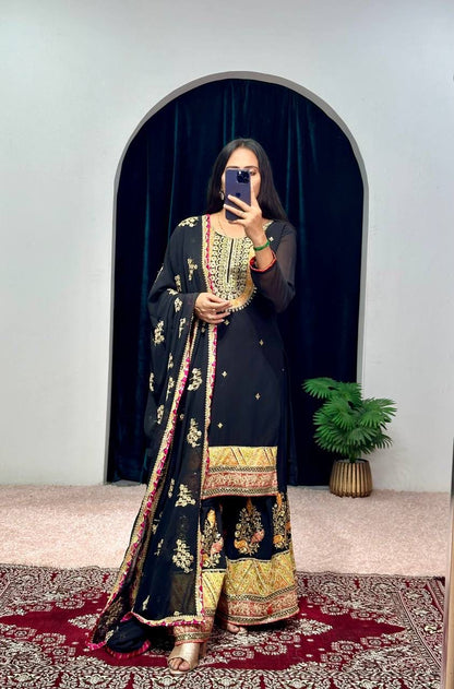 Mirror With Embroidery Work Black Color Sharara Suit