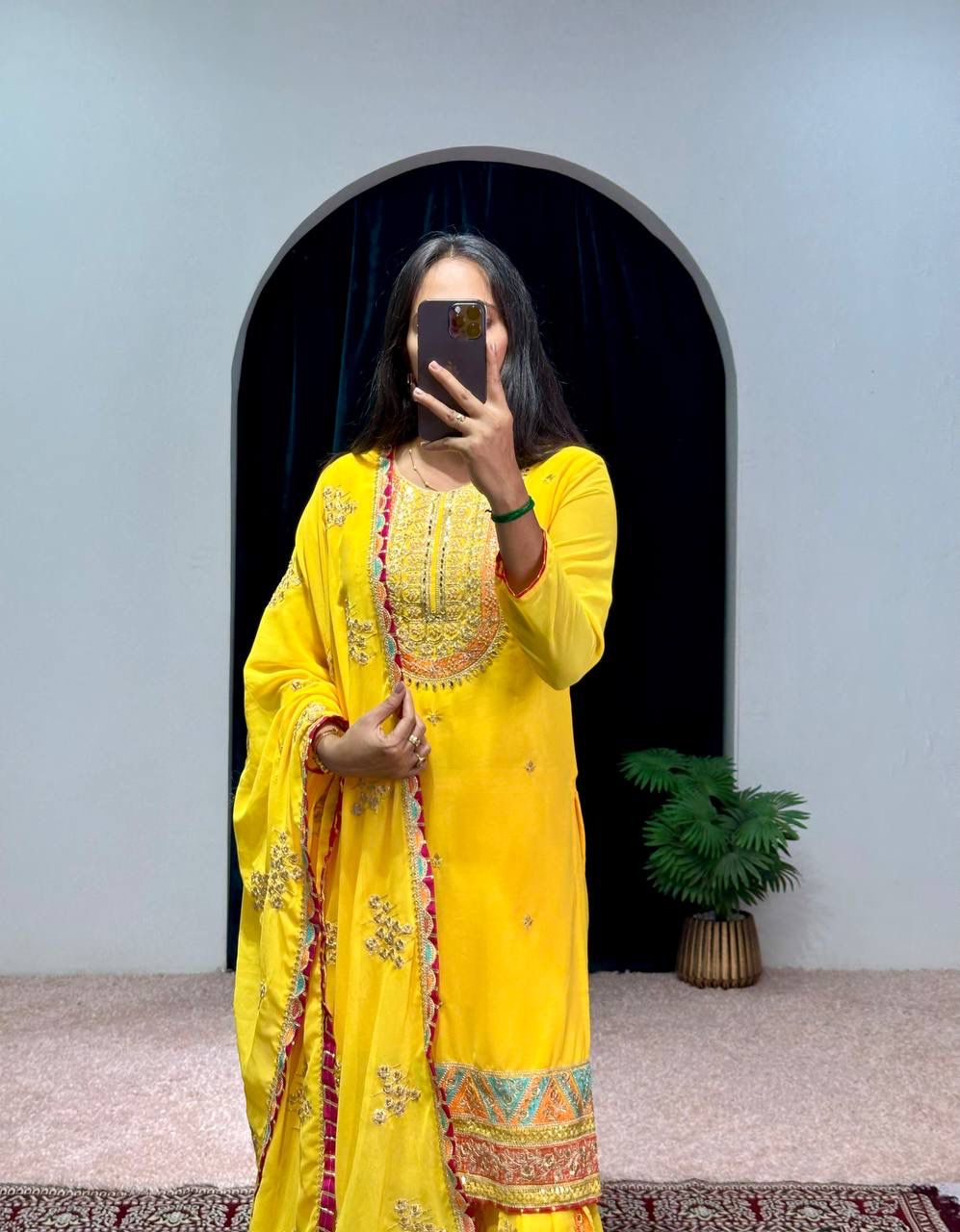 Mirror With Embroidery Work Yellow Color Sharara Suit