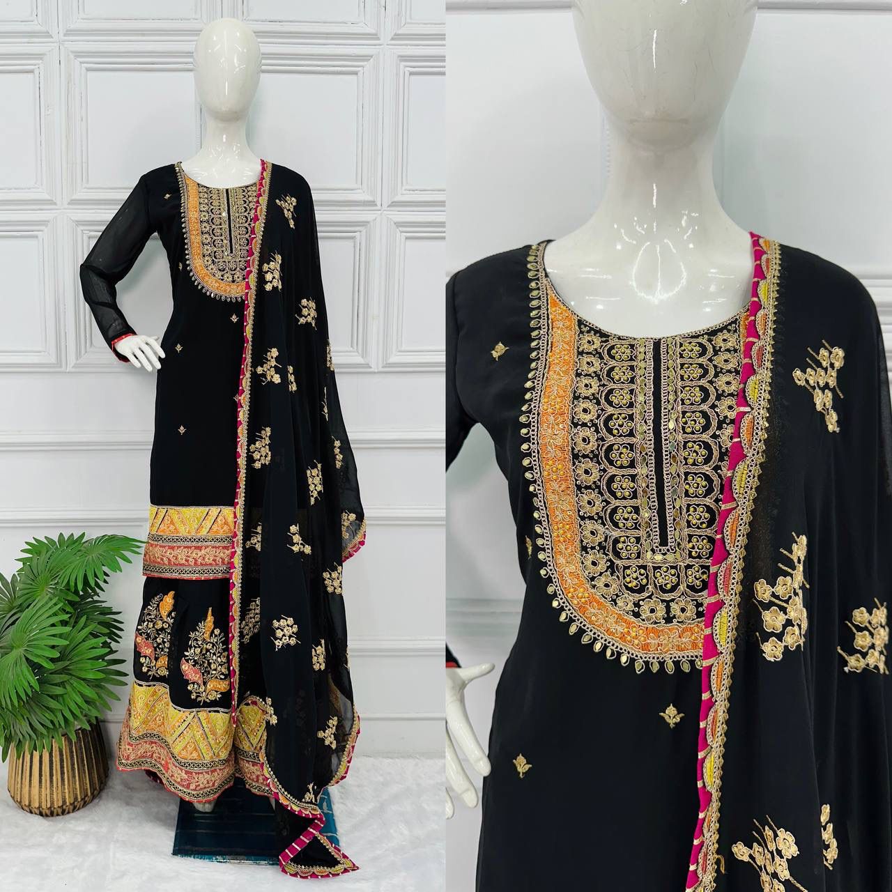 Mirror With Embroidery Work Black Color Sharara Suit