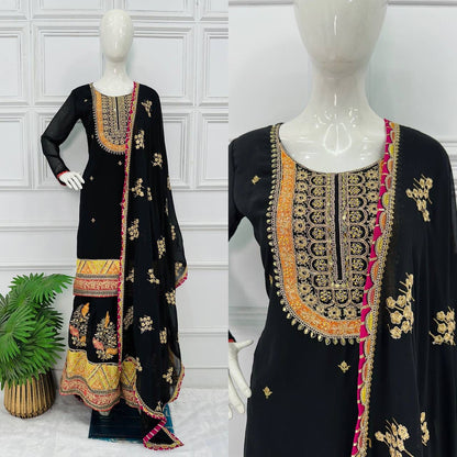 Mirror With Embroidery Work Black Color Sharara Suit