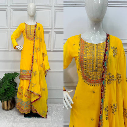 Mirror With Embroidery Work Yellow Color Sharara Suit
