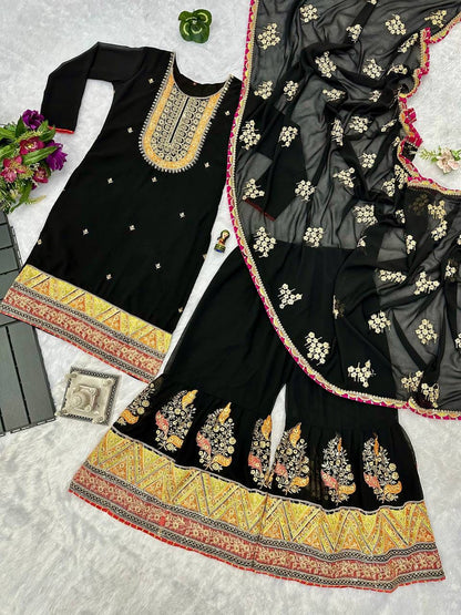 Mirror With Embroidery Work Black Color Sharara Suit