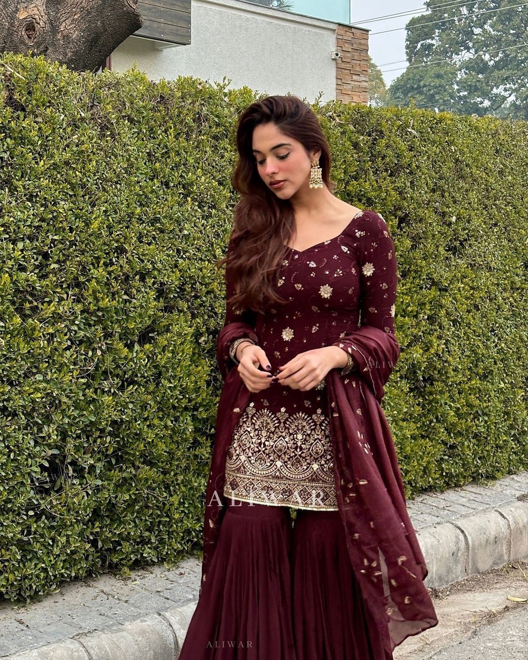 Mesmerizing Embroidery Sequence Work Wine Color Palazzo Suit