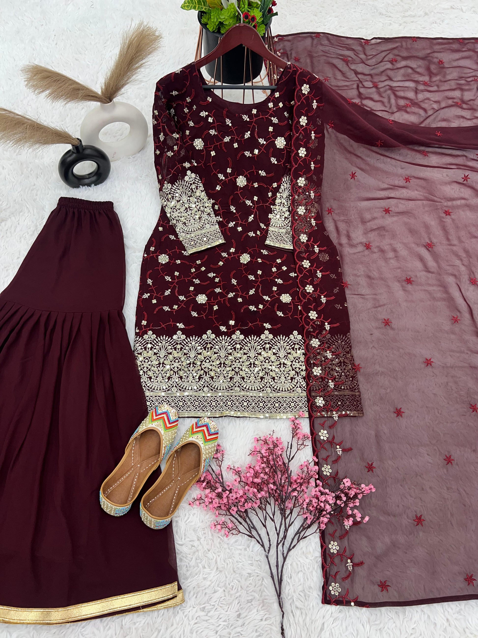 Mesmerizing Embroidery Sequence Work Wine Color Palazzo Suit