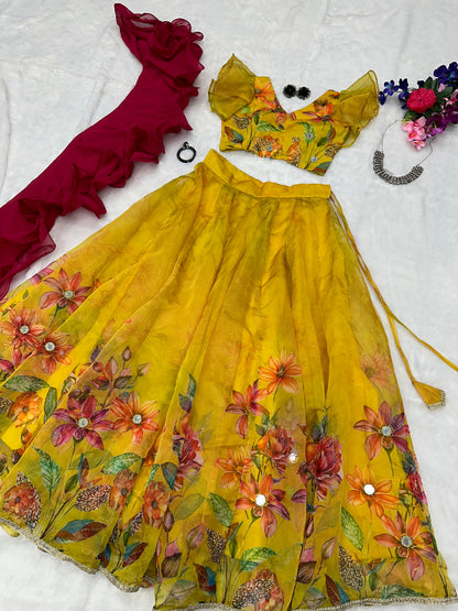 Awesome Mirror Work Yellow Color Lehenga Choli