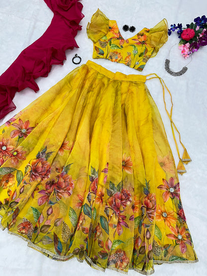 Awesome Mirror Work Yellow Color Lehenga Choli