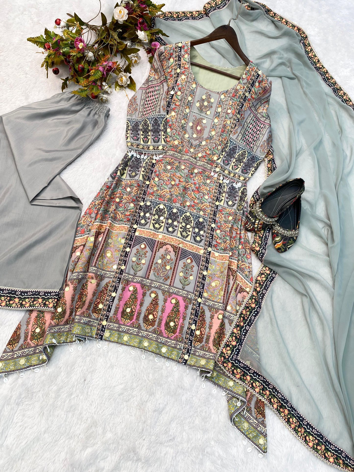 Imposing Grey Color Printed Palazzo Suit