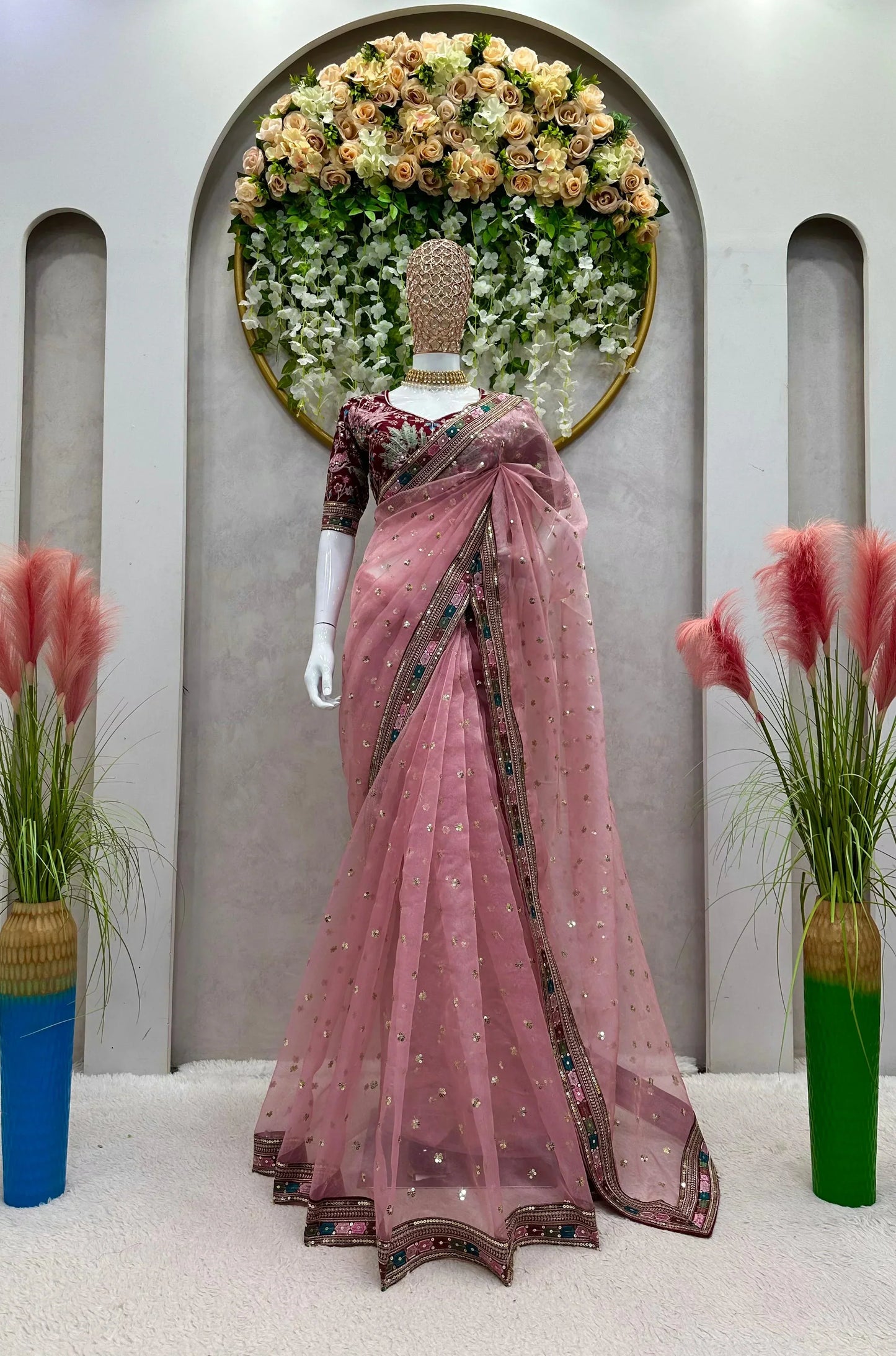 Outstanding Thread Work Organza Pech Color Saree