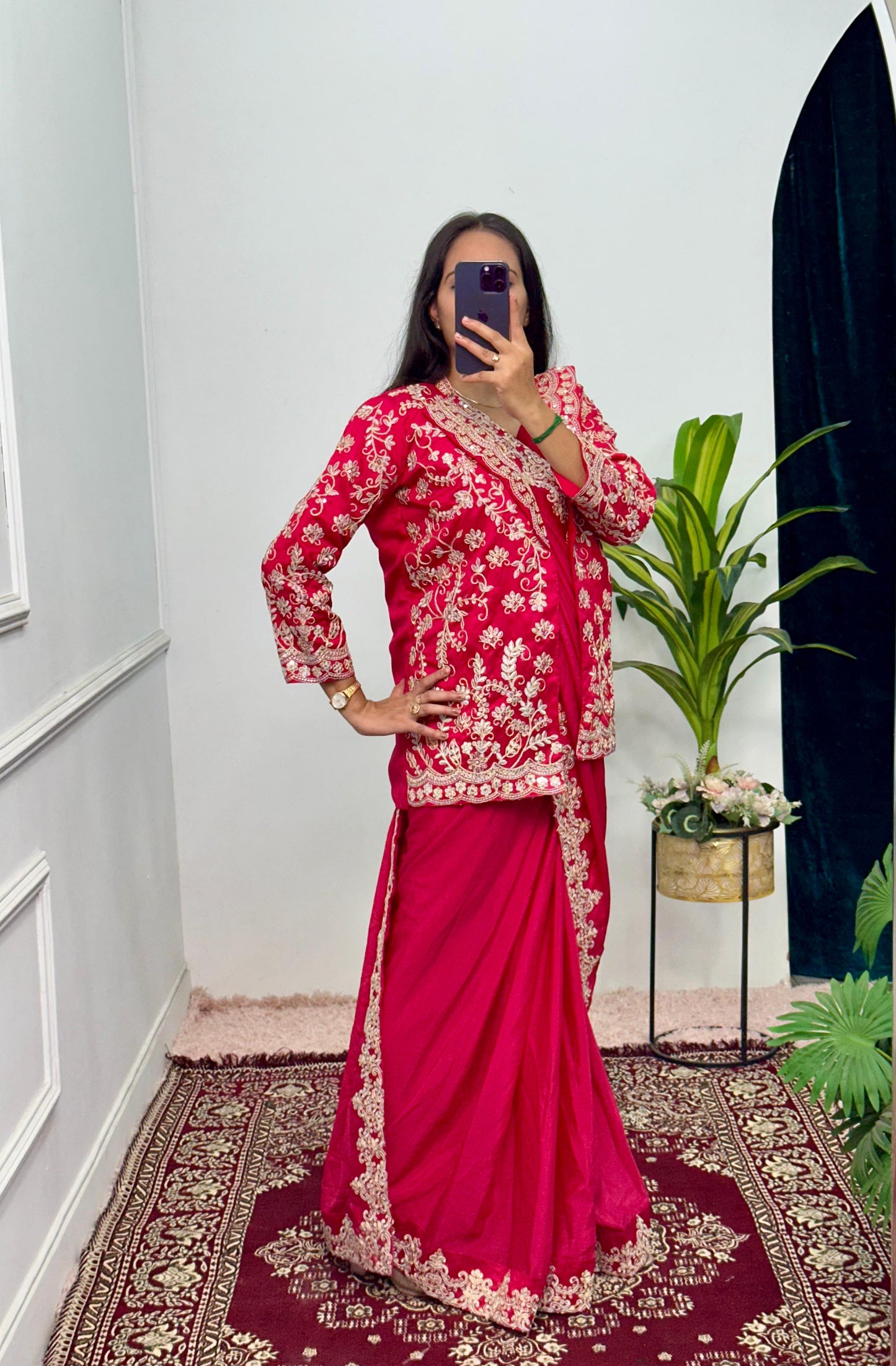 Pretty Pink Color Chinon Silk Saree With Work Koti