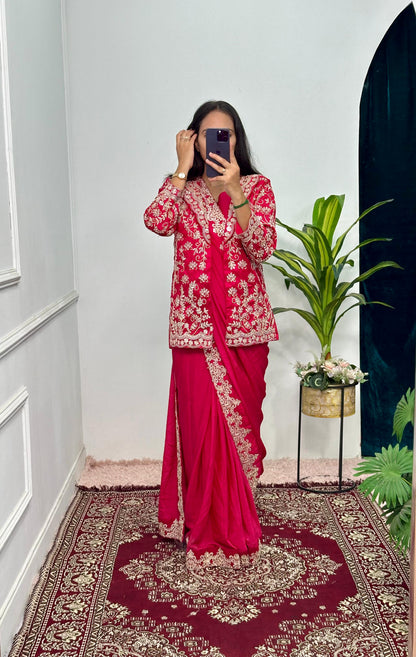 Pretty Pink Color Chinon Silk Saree With Work Koti