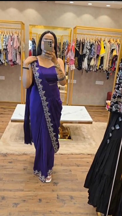 Pretty Purple Color Chinon Silk Saree With Work Koti