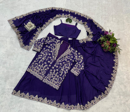 Pretty Purple Color Chinon Silk Saree With Work Koti