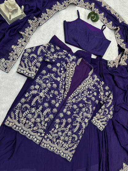 Pretty Purple Color Chinon Silk Saree With Work Koti