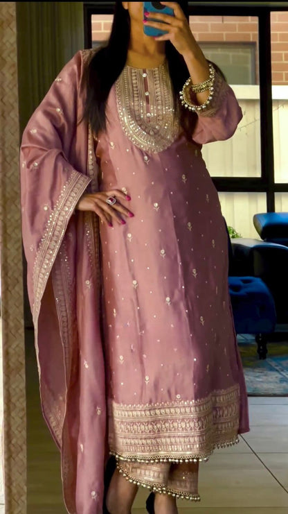 Glorious Dusty Pink Color Embroidery Work Salwar Suit