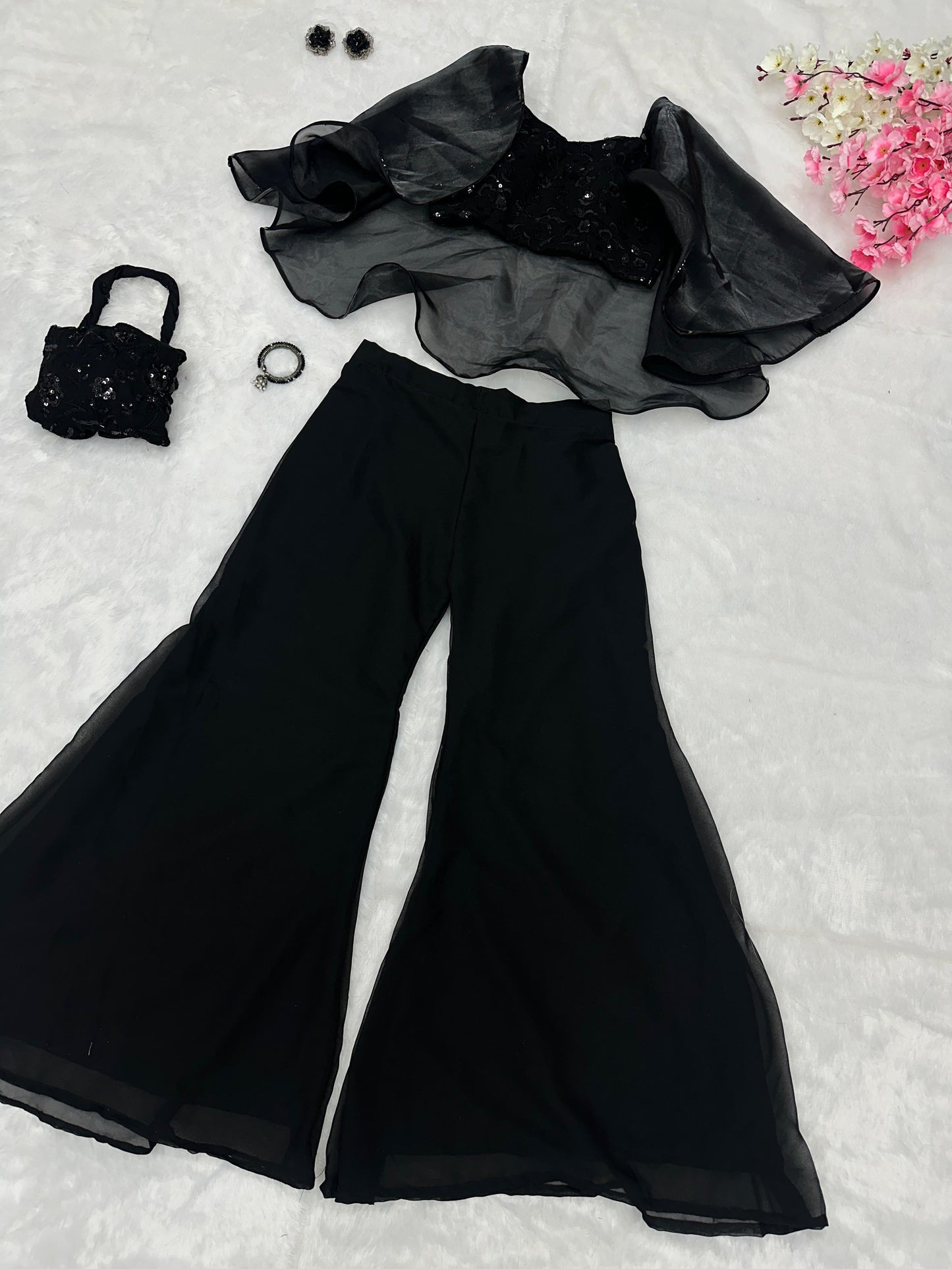Fancy Sequence Work Black Color Crop Top