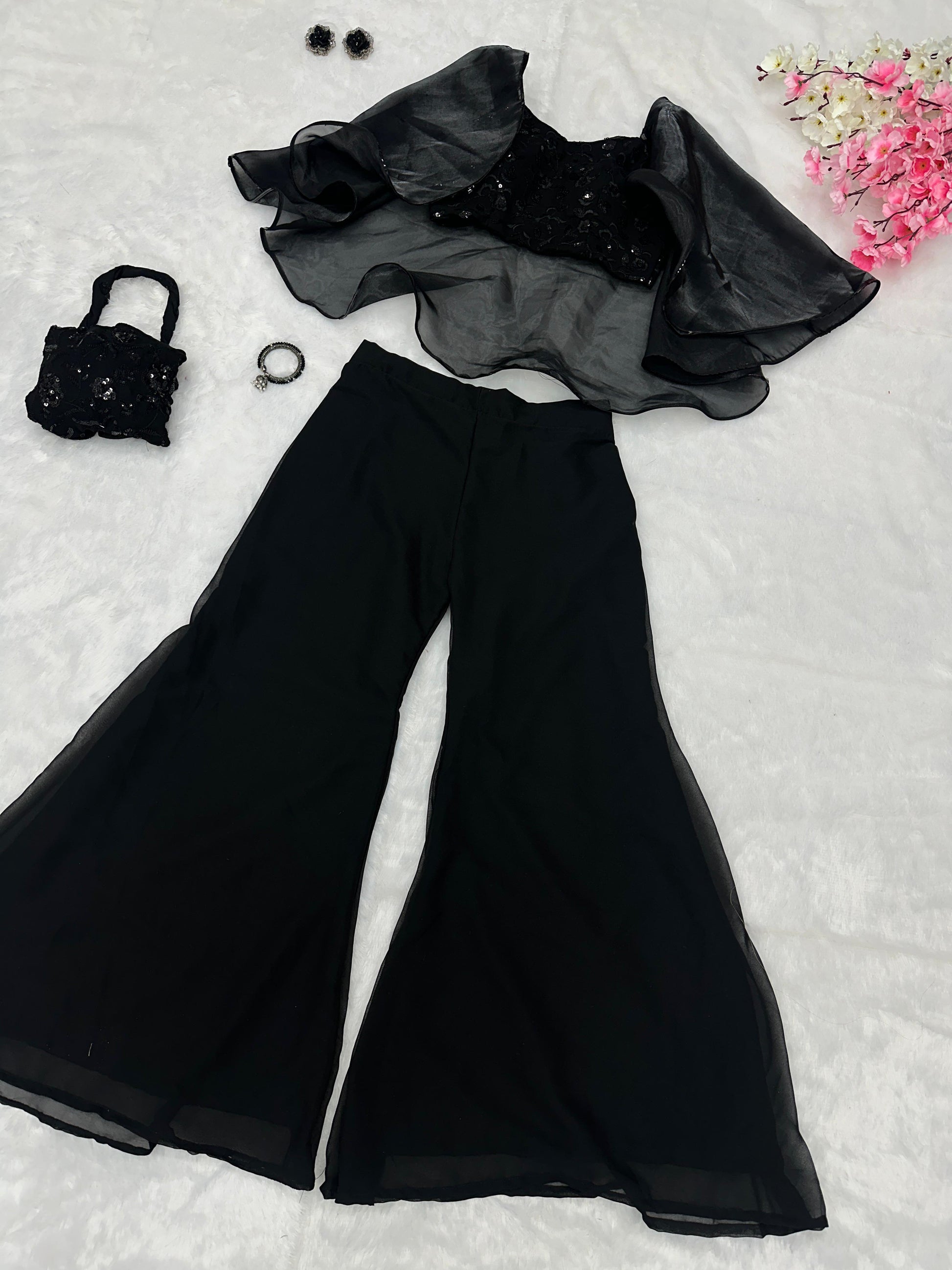 Fancy Sequence Work Black Color Crop Top