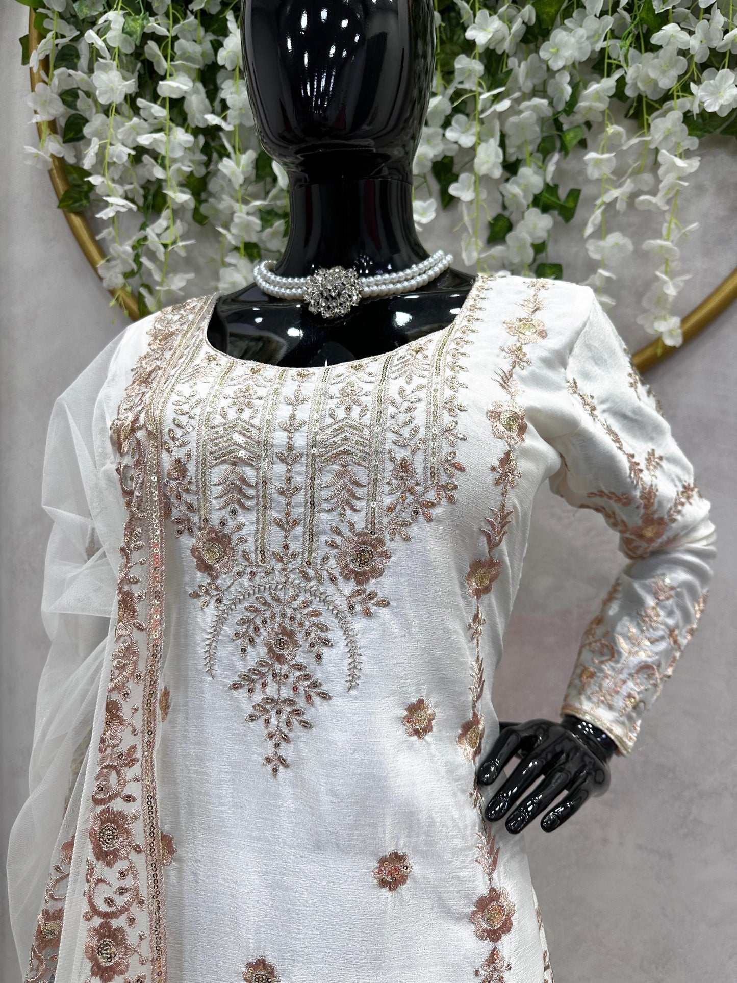 Classic Thread With Sequence Work White Color Sharara Suit