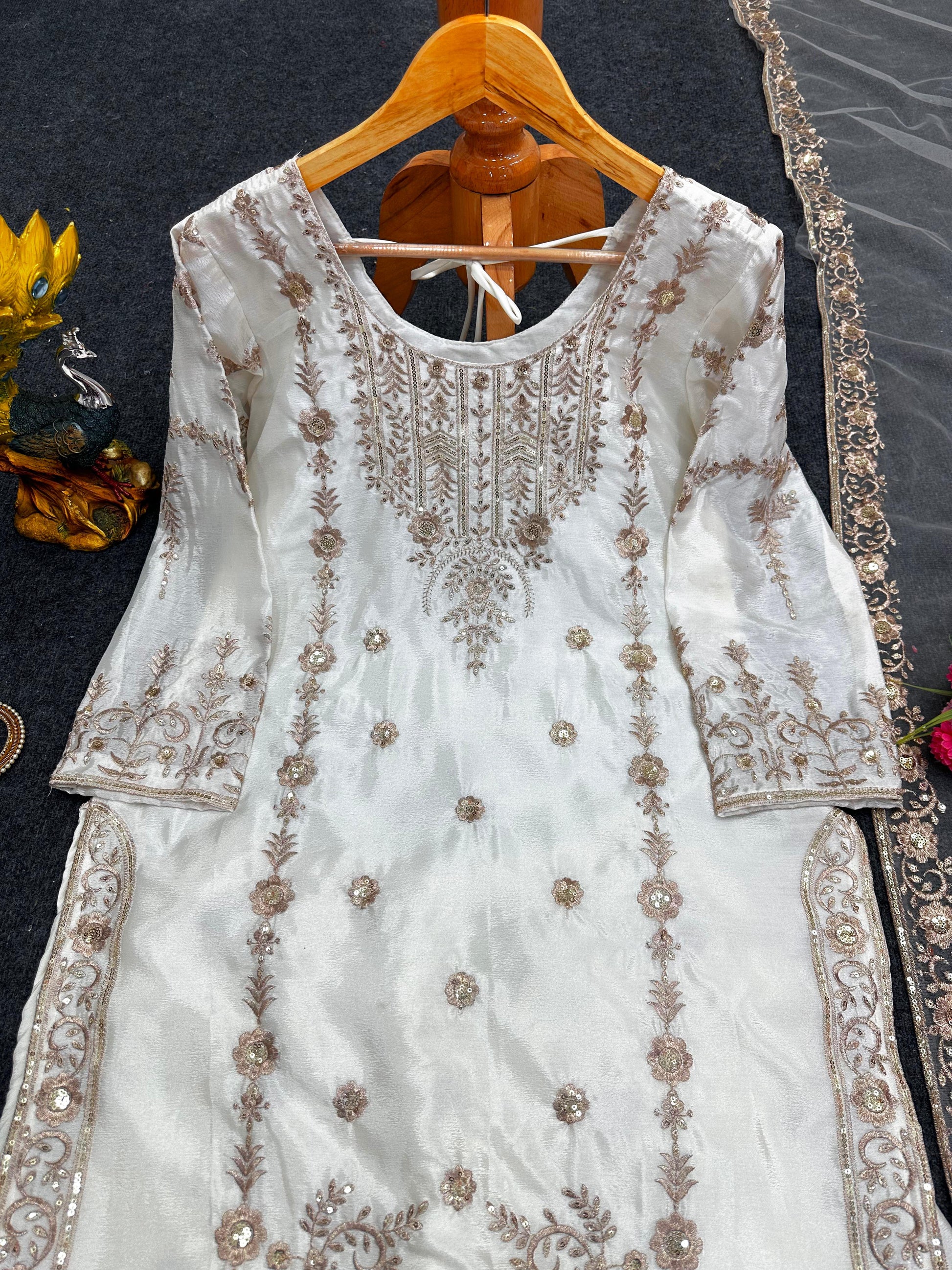 Classic Thread With Sequence Work White Color Sharara Suit