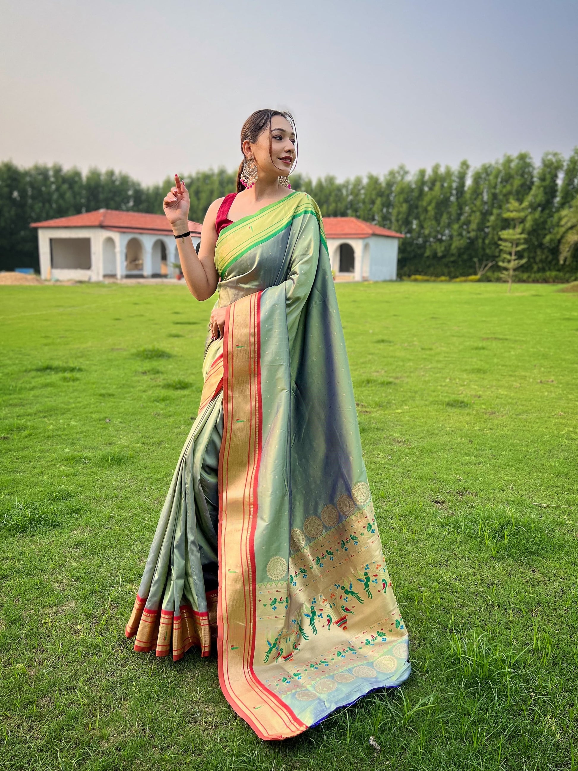 Fantastic Butti Work Pista Paithani Weaving Saree