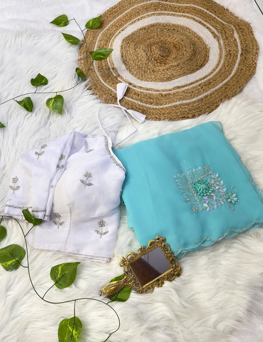Beautiful Sky Blue Color Hand Work Butta Saree