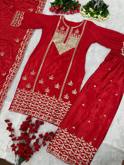 Stylish Red Color Embroidery Work Sharara Suit