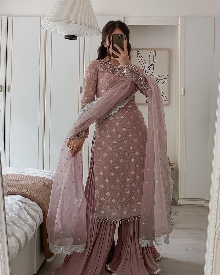 Blissful Sequence Embroidery Peach Color Sharara Suit