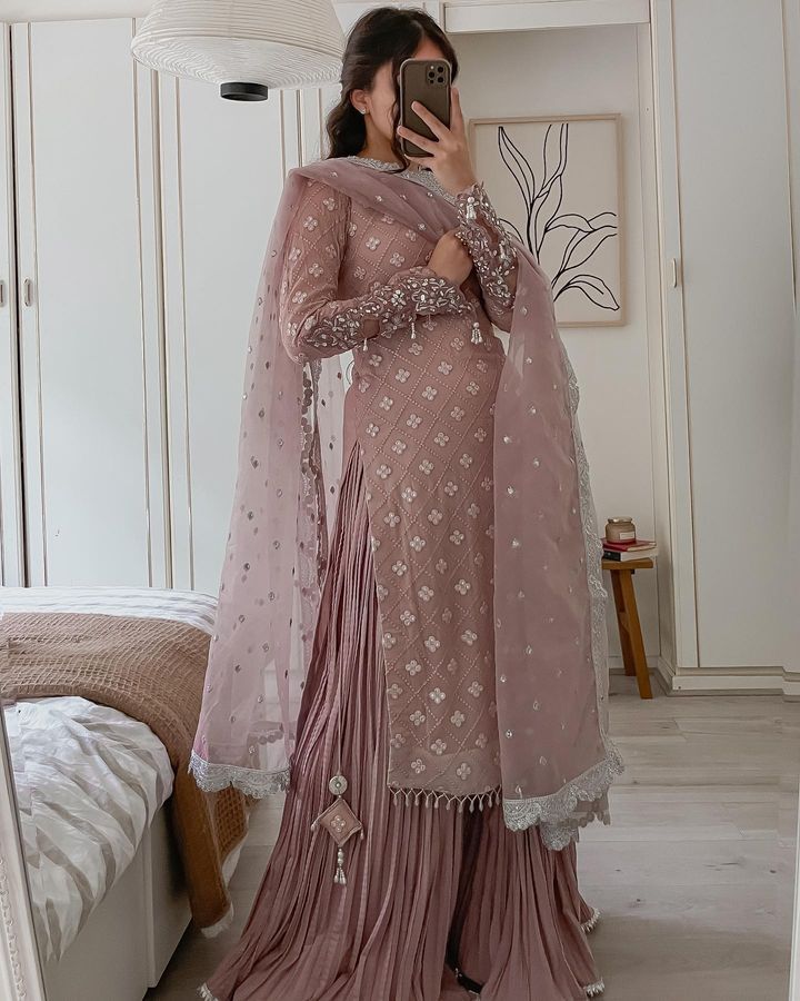 Blissful Sequence Embroidery Peach Color Sharara Suit