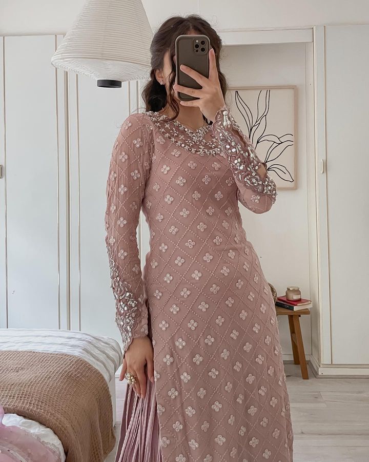 Blissful Sequence Embroidery Peach Color Sharara Suit