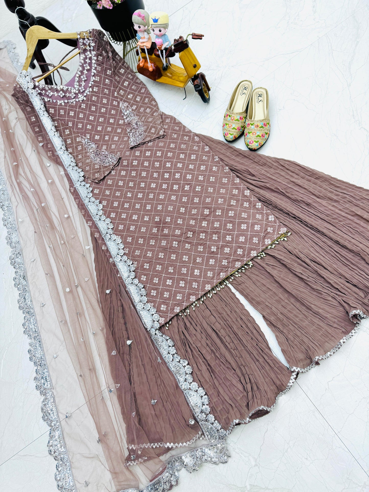 Luxuriant Dusty Pink Sequence Mirror Work Sharara Suit