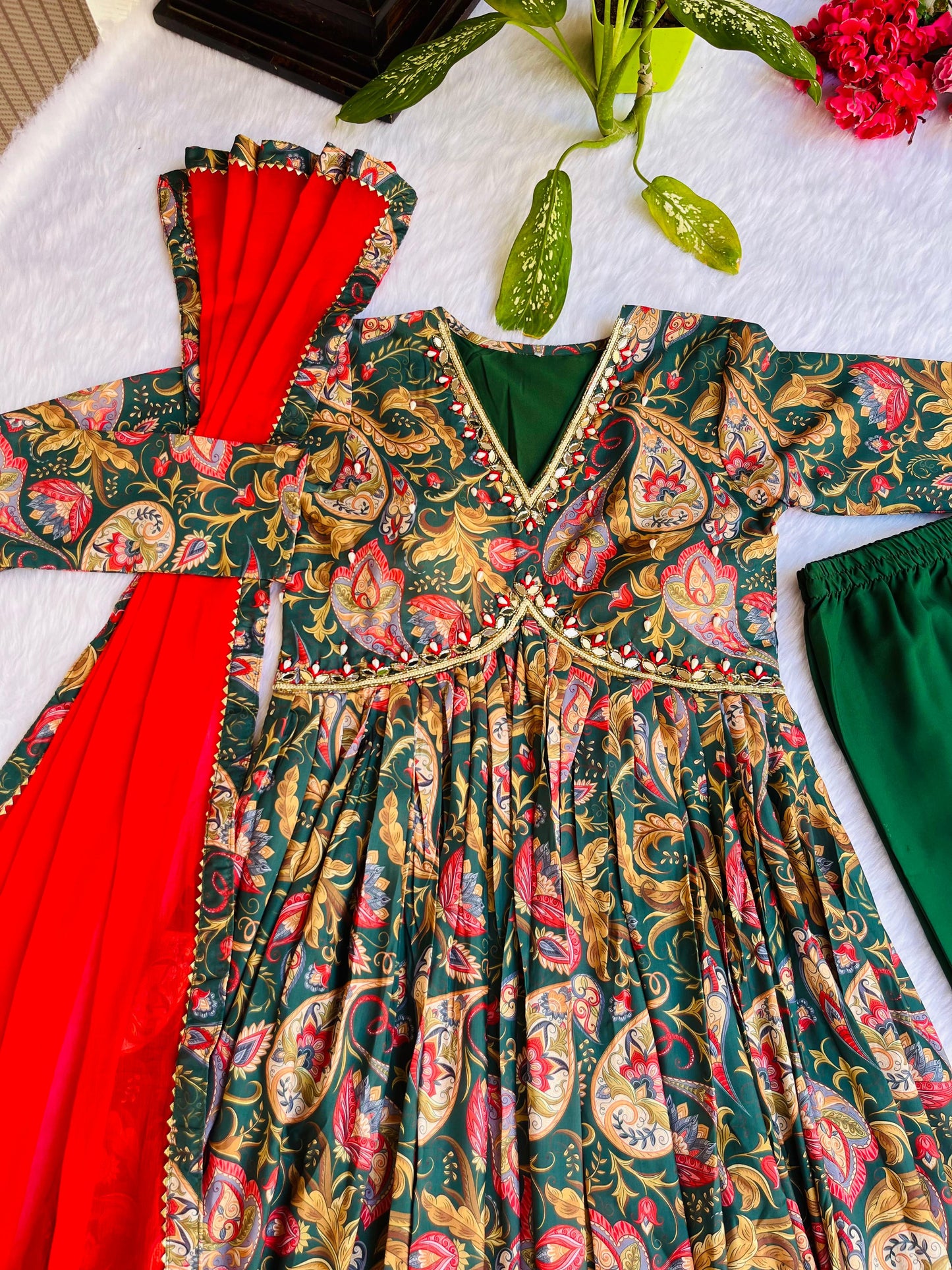 Preferable Mirror Work Green Color Anarkali Gown