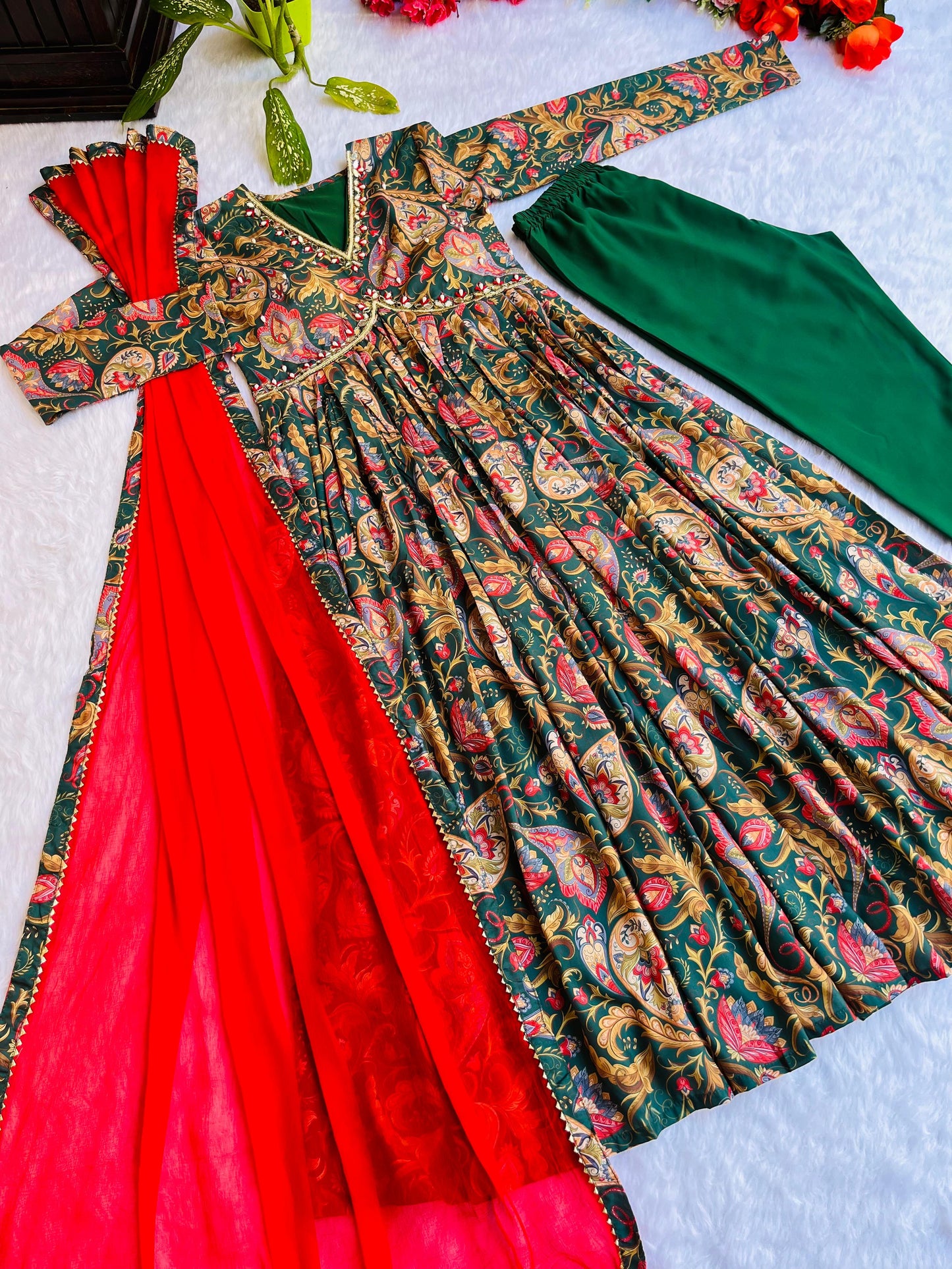 Preferable Mirror Work Green Color Anarkali Gown