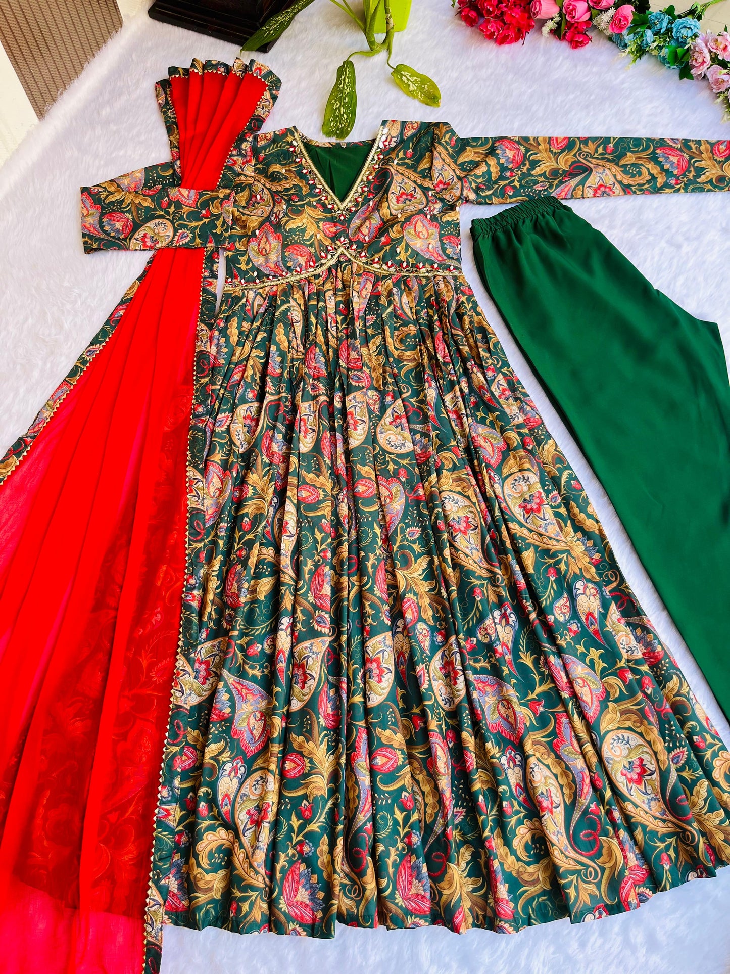 Preferable Mirror Work Green Color Anarkali Gown