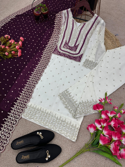 Celebrity Wear White Palazzo Suit With Purple Dupatta