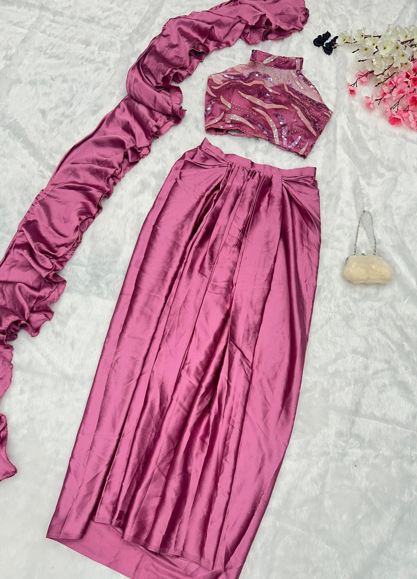 Dusty Pink Drape Skirt With Beautiful Pattern Blouse