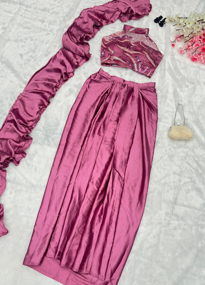 Dusty Pink Drape Skirt With Beautiful Pattern Blouse
