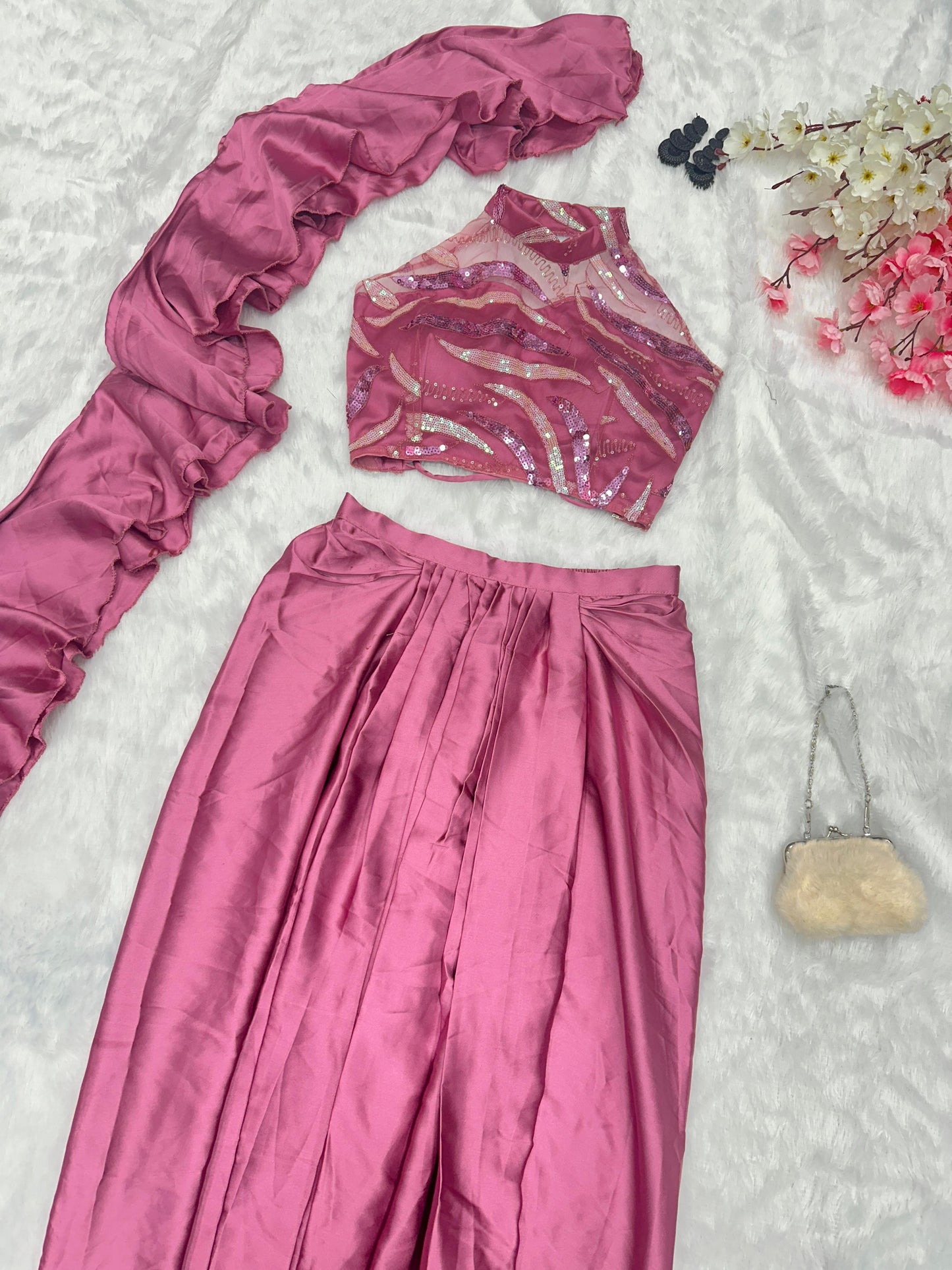 Dusty Pink Drape Skirt With Beautiful Pattern Blouse