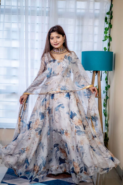 Casual Wear White Organza Digital Printed Anarkali Suit