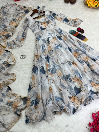 Casual Wear White Organza Digital Printed Anarkali Suit