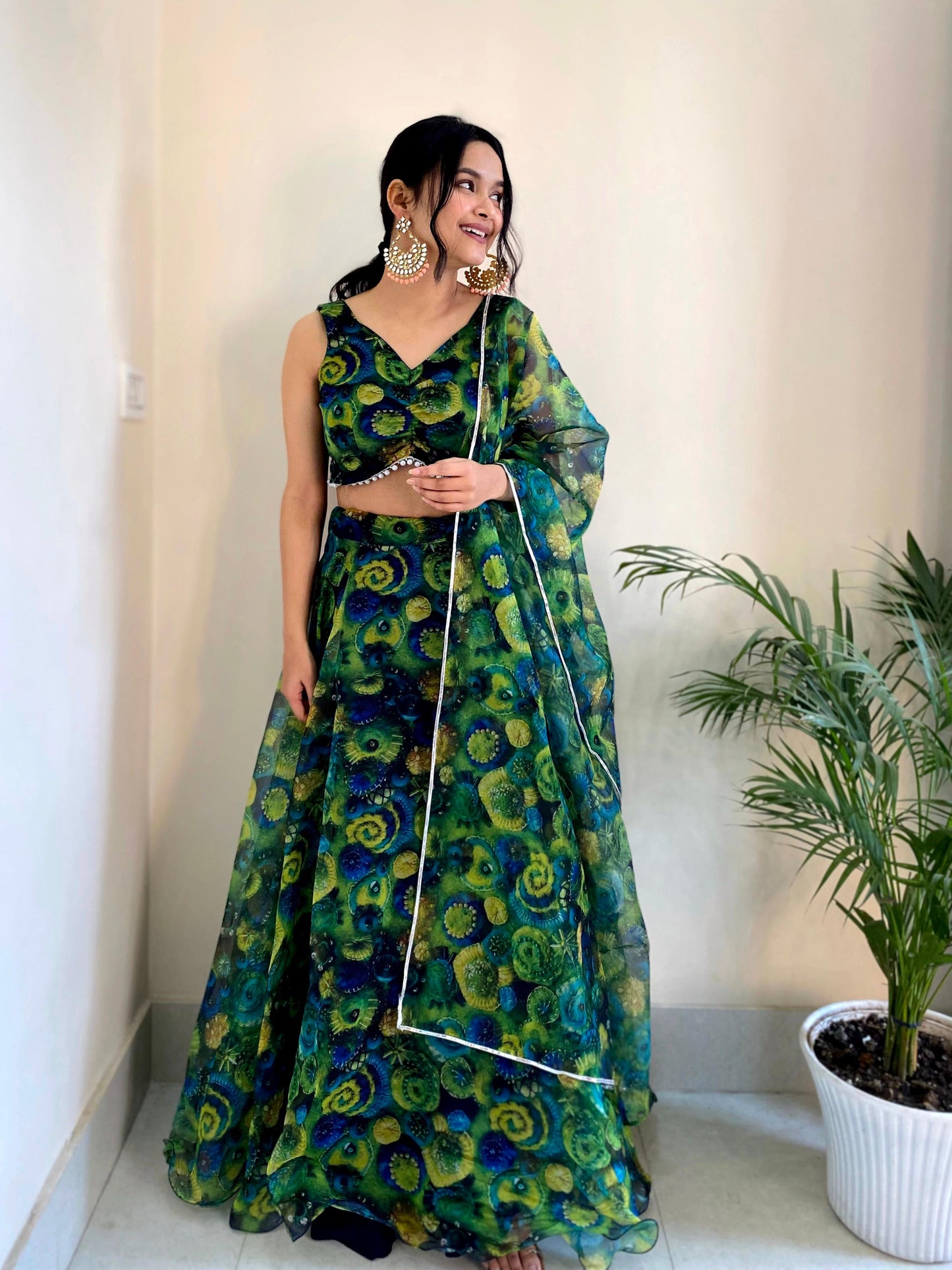Floral Printed Green Color Organza Silk Lehenga Choli