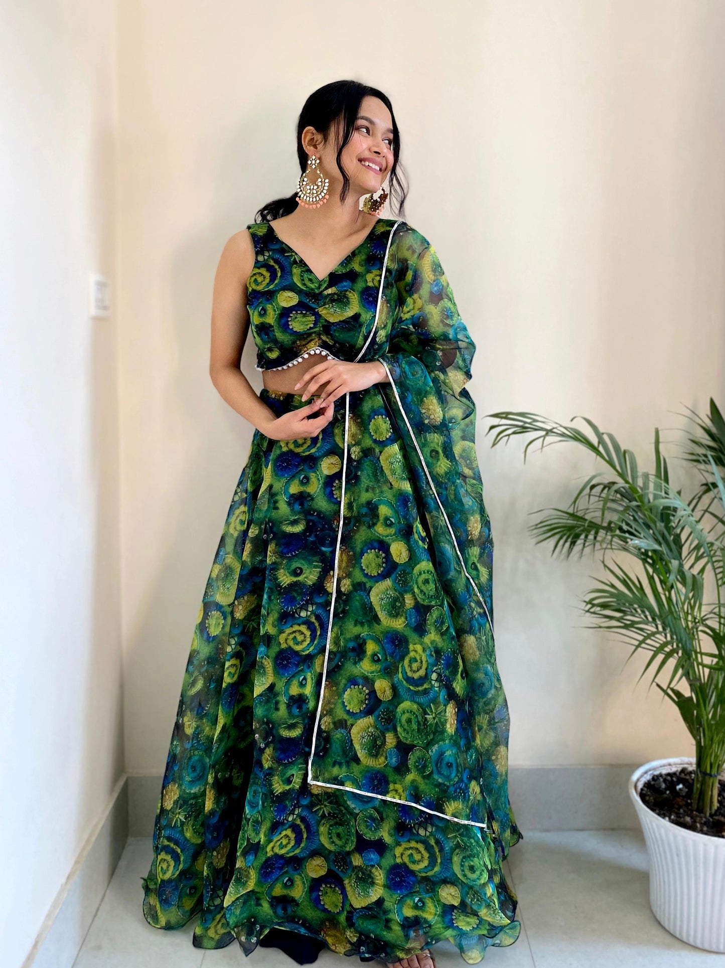 Floral Printed Green Color Organza Silk Lehenga Choli