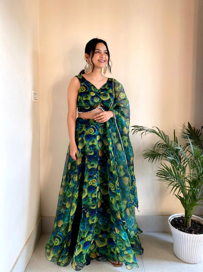 Floral Printed Green Color Organza Silk Lehenga Choli