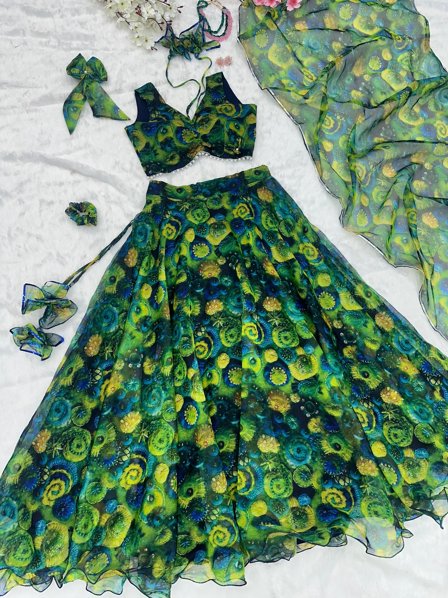 Floral Printed Green Color Organza Silk Lehenga Choli