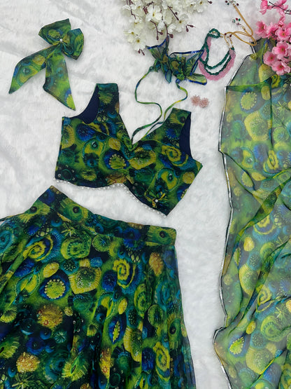 Floral Printed Green Color Organza Silk Lehenga Choli