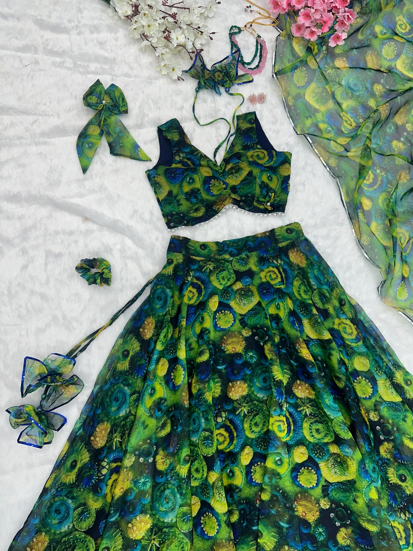 Floral Printed Green Color Organza Silk Lehenga Choli
