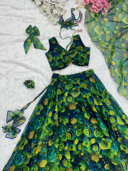 Floral Printed Green Color Organza Silk Lehenga Choli