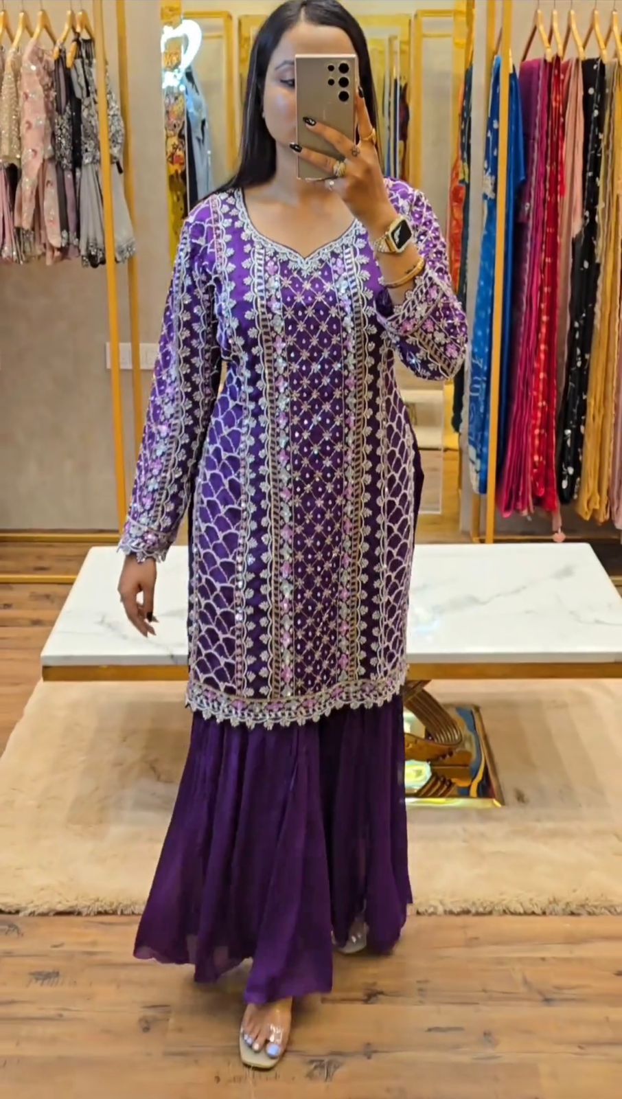 Outstanding Chinon Silk Work Wine Color Plazo Suit