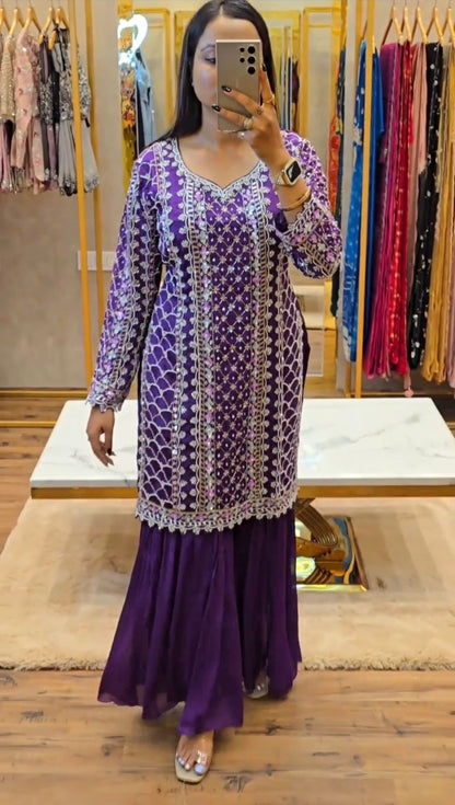 Outstanding Chinon Silk Work Wine Color Plazo Suit