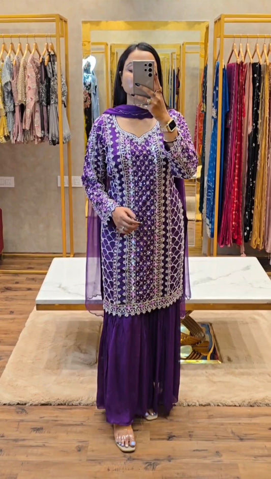 Outstanding Chinon Silk Work Wine Color Plazo Suit