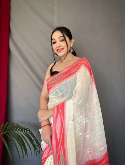 Classy Linen Chap Border White Color Saree